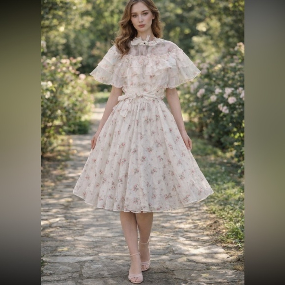 Vintage cottage core floral 70s dress womanโs small- single stitch